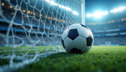 Soccer ball rests near goal net on grass field under stadium lights. Blurred stadium crowd watches intense match play. Night game action evokes passion anticipation.