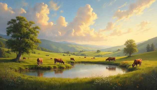 Cattle graze on green grass near the pond in summer. Livestock drinks water. Beautiful scenic landscape with farm animals, clouds, hills on horizon. Peaceful nature view shows agriculture. - Powered by Adobe