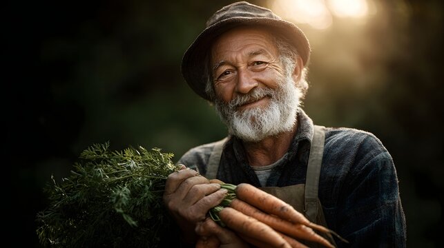 Elderly farmer smiling and holding fresh carrots symbolizing successful harvest and rural life - Powered by Adobe