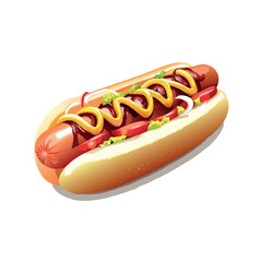 Grilled frankfurter hot dog in a bun with mustard and ketchup is an isolated fast food snack or lunch