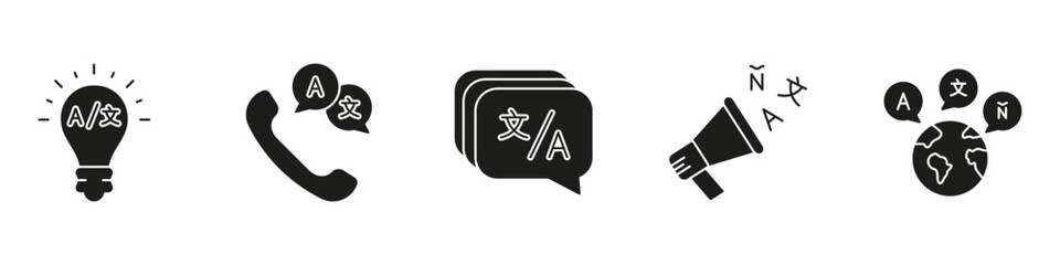 Language Communication Silhouette Icon Set. Includes Idea, Phone Call, Multilingual Message, Loudspeaker, and Alphabet Flow Solid Symbol Collection. Isolated Vector Illustration