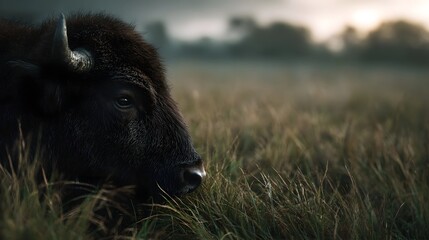 Fototapeta premium Close up profile of a bison head in a misty grassy field at dawn conveying a sense of wild tranquility