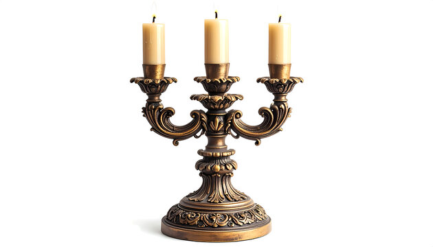 Antique Ornate Gold Candelabrum with Three Burning Candles Still Life