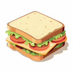 Fresh ham and cheese sandwich with lettuce, tomato, and bread isolated on white for a healthy breakfast, lunch, or snack