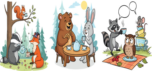 Cute Woodland Animals Drinking Tea and Coffee Illustration Set.