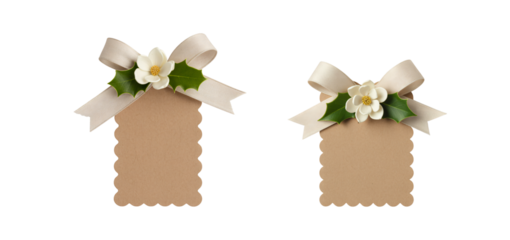 Two elegant gift tags decorated with ribbons and flowers against on transparent background