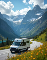 White camper van drives on winding road through mountains. Scenic landscape with snow capped peaks, lake, trees, and flowers. Van travels on highway with beautiful nature scenery.