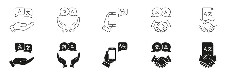 Language Translation And Communication Line And Solid Icon Set. Multilingual Support, Global Interaction. Hand, Speech Bubble, And Handshake Elements. Isolated Vector Illustration