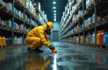 Worker in full protective gear crouches in warehouse aisle inspecting spill. Shelves packed with containers. Person wears gas mask, yellow suit, hard hat. Safety protocols evident. Chemical handling