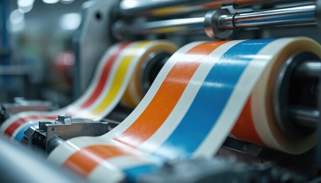 Rotary printing machine creates colorful striped tape rolls. Industrial equipment makes adhesive material for packaging and labels. High speed factory production line processes raw film.