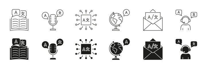 Language Translation Line And Solid Icon Set. Global Translation, And Language Services Symbol Collection. Includes Book, Microphone, Globe, Email, And Headset Icons. Isolated Vector Illustration
