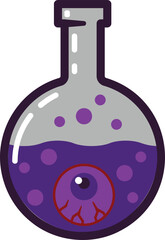 Spooky eyeball potion in a round-bottom flask icon. Features a purple liquid with a floating, bloodshot eye. Cartoon vector graphic for Halloween, magic, witch, poison, or fantasy concepts and designs