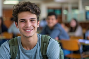 Smiling young man in classroom with friends