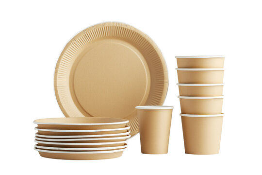 Disposable paper plates cups bowls isolated on a transparent background
