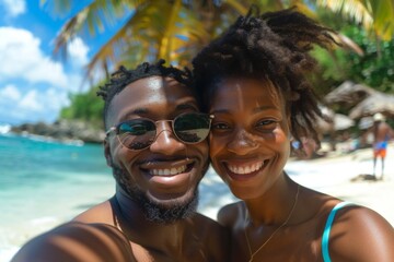 Obraz premium Happy couple taking selfie at the beach