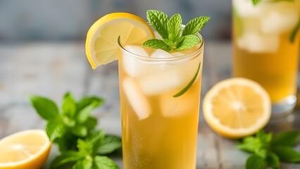 Fototapeta premium Refreshing Cold Iced Sweet Tea with Lemon and Mint