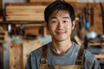 Obraz premium Young man smiling in a woodworking shop
