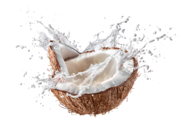 Coconut halves splashing milk against a dark background