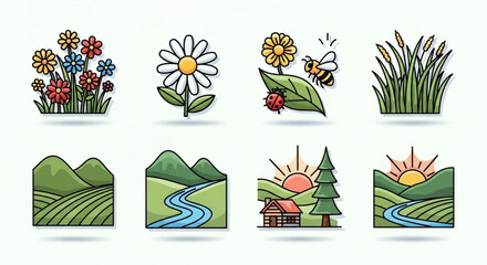 Charming icons depict the beauty of nature, showcasing flowers, bees, ladybugs, grass, fields, rivers, and cozy cabins, all under a warm, inviting sun