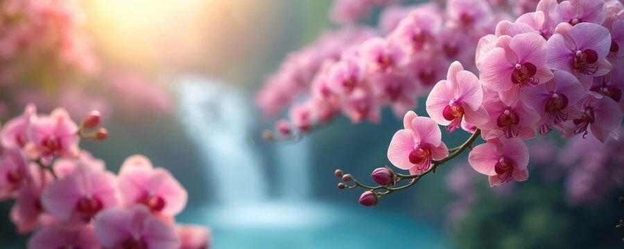 Pink orchids cascade near tranquil waterfall creating serene natural landscape. Sunlight shines on delicate blossoms over blue water. Pure beauty thrives in this lush floral garden paradise.