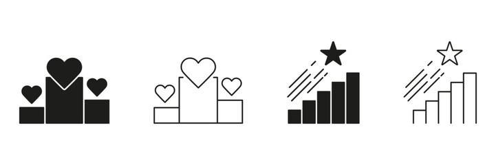 Hearts And Stars On Bar Graphs Line And Solid Icon Set. Success, Achievement, And Popularity Growth Symbol Collection. Love And Excellence Representation. Isolated Vector Illustration