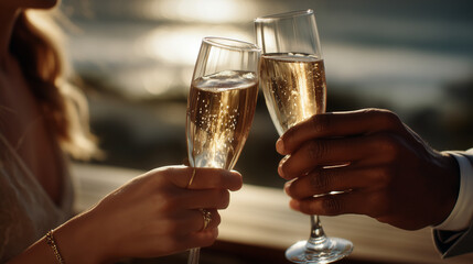 Two Hands Clinking Champagne Glasses on Beach in Golden Sunset Light