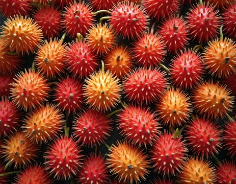 Spiky horned kiwano fruits are piled high at a food market stall. Some fruits show bright red skin, others orange. Juicy edible pulp inside.