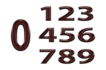 Glistening metallic numbers 0 through 9 displayed clearly reflecting light on a deep dark surface