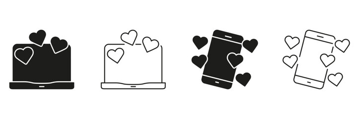 Laptop And Smartphone With Hearts Line And Solid Icon Set. Digital Love, Online Dating, And Social Media Engagement Symbol Collection. Technology And Romance Connection. Isolated Vector Illustration