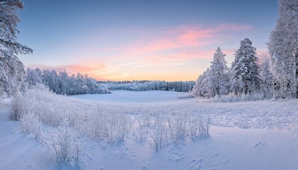 Fototapeta premium snowy panoramic landscape at sunset, frozen trees