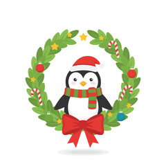 Cute Christmas Penguin in Festive Wreath