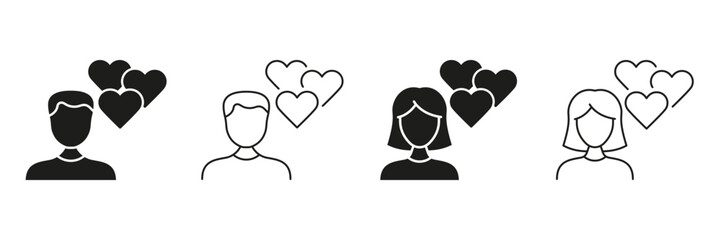 Male And Female With Hearts Line And Solid Icon Set. Love, Relationship, And Affection Symbol Collection. Romantic Connection And Emotional Bonding. Isolated Vector Illustration