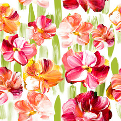 Red and orange abstract flowers, original hand drawn, impressionism style, color texture, brush strokes of paint, art background.