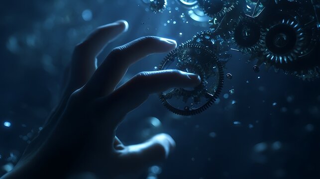 human hand in darkness controlling a floating mechanism of interlocking gears, glowing edges, concept of surrendering control, cinematic deep blue lighting, v7 