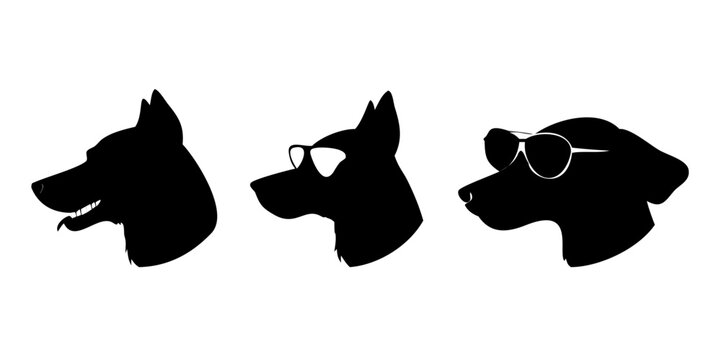 Dog wearing sunglass black soild silhouette icon set, animal doggy head collection, animal character illustration, editable vector clip art silhouettes bundle See Less