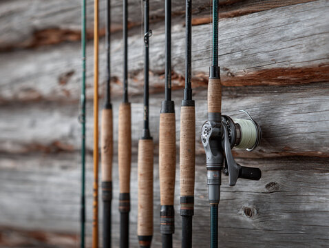 Line of fishing rods with reels against a rustic wooden wall. Concept for hobby, sport, recreation, and preparedness. Great for outdoor, travel, or leisure related content.