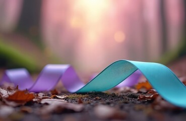 Purple and teal ribbons lay on the ground among fallen autumn leaves. Soft light filters through trees in a forest setting. Awareness ribbons symbolize support for various causes and hope.