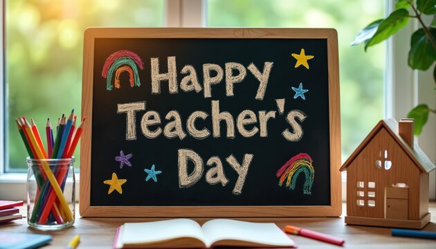 Chalkboard displays Happy Teachers Day message with colorful drawings. Pencils in jar, open book, wooden house model on desk. Appreciating educators, celebrating school milestones, conveying
