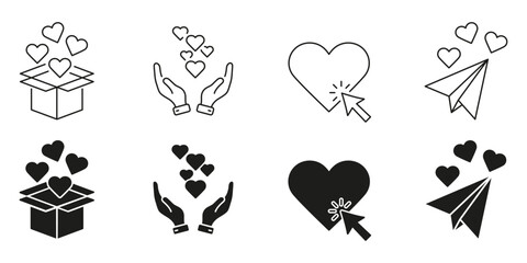 Heart And Love Symbol Line And Solid Icon Set. Romantic Gesture, Affection, And Emotional Connection Symbol Collection. Hearts In Box, Hands, Click, Paper Plane. Isolated Vector Illustration
