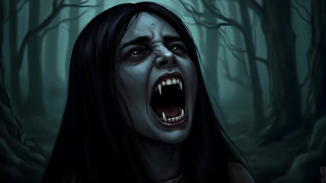 Terrifying Vampire Woman in Dark Forest - A Horror Illustration.