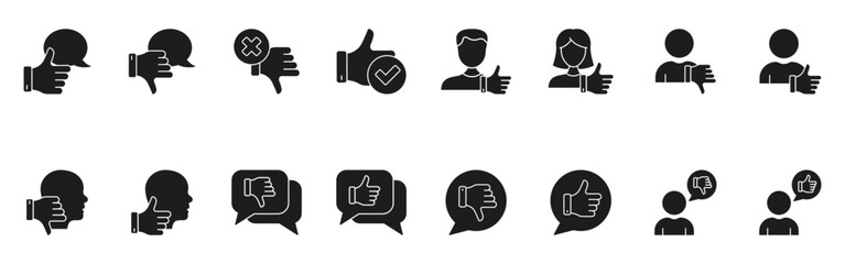 Thumbs Up And Down Solid Icon Set. Feedback, Approval, And Disapproval Silhouette Symbol Collection. Communication And Opinion Expression. Isolated Vector Illustration