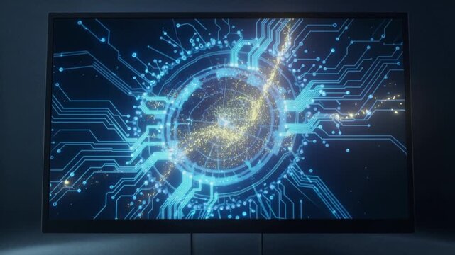 Computer Monitor Displaying a Circular Circuit Board with Central Energy Swirl screen technology.