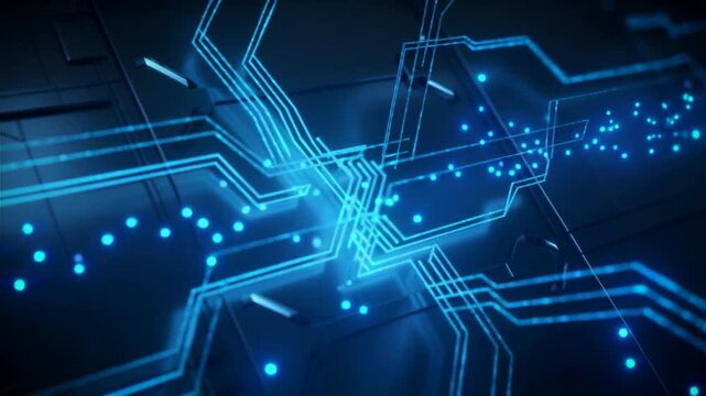 Close-up of Blue Digital Circuitry with Glowing Connections and Dots circuit board technology.