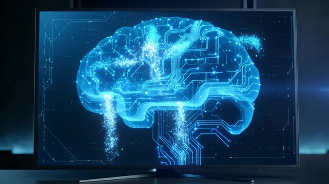 Digital brain with glowing blue circuit pathways and data streams on a dark background technology artificial intelligence.