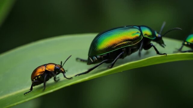 Three Colorful Beetles Crawling on a Green Leaf in Macro Photography.