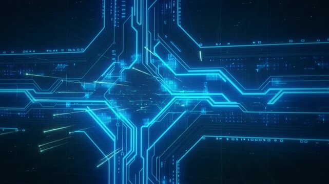 Futuristic Blue Circuit Board with Streaking Lights and Data Flow technology digital.
