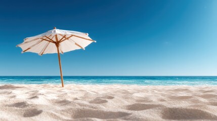 A tranquil beach scene showcases a white umbrella casting a shade over soft sand and a crystal blue ocean, embodying relaxation, vacation vibes, and a serene getaway atmosphere.