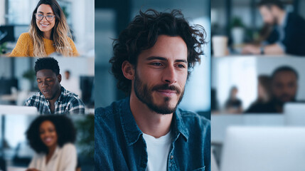 Diverse faces symbolize teamwork  collaboration. Business professionals at work using computers. Represents global connection  remote working solutions.
