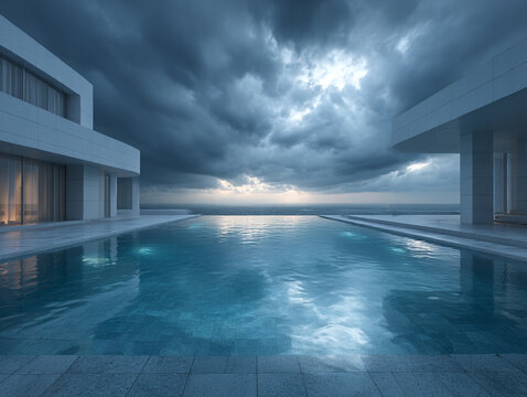 Luxury infinity pool under a dramatic cloudy sky. Dark ocean tones, calm atmosphere, and minimalist architecture.
