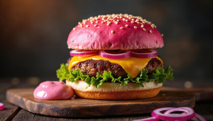 Gourmet burger with pink bun on wooden board. Tasty sandwich beef cutlet melted cheese lettuce, onion. Delicious creative fast food meal with pink sauce perfect for unique restaurant menu dinner.